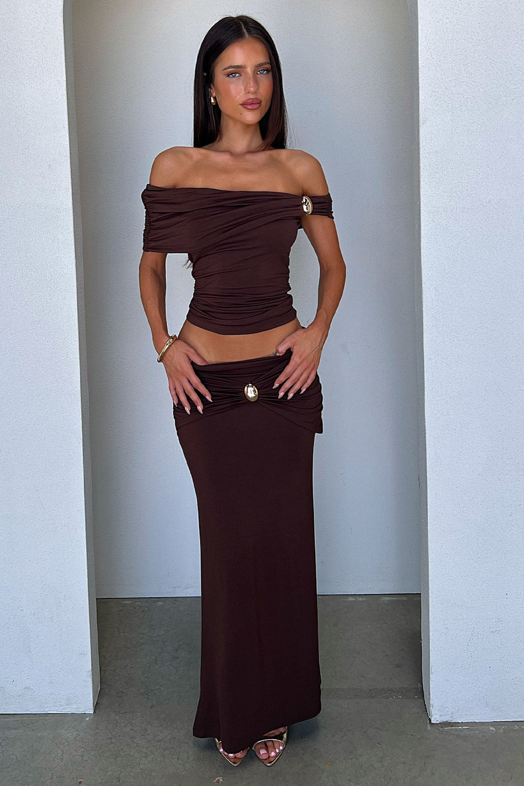 Malika Hardware Detail Draped Maxi Skirt