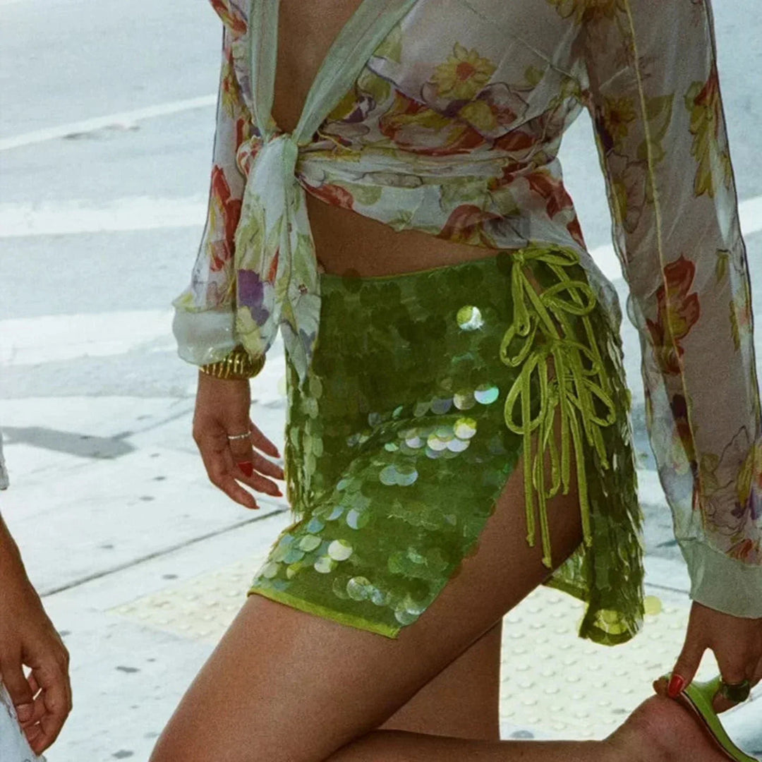 Margaux Sequin Disc Ruched Mini Skirt
