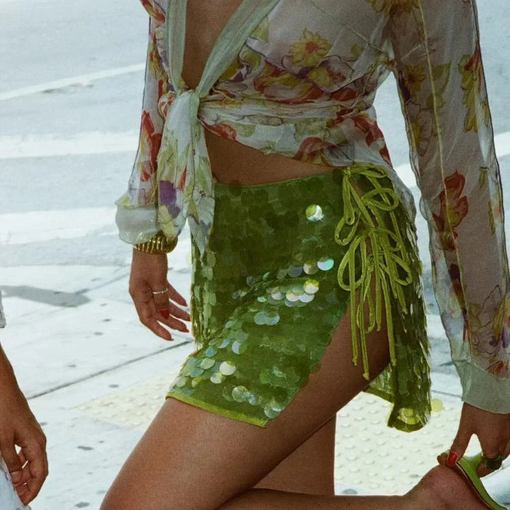 Margaux Sequin Disc Ruched Mini Skirt