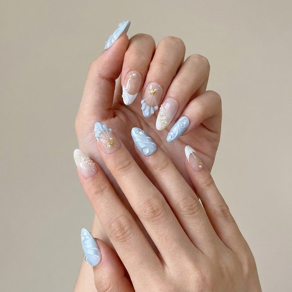 Blue Pearl Seashell Press-On Nails