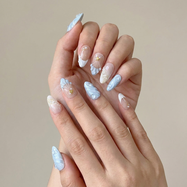 Blue Pearl Seashell Press-On Nails