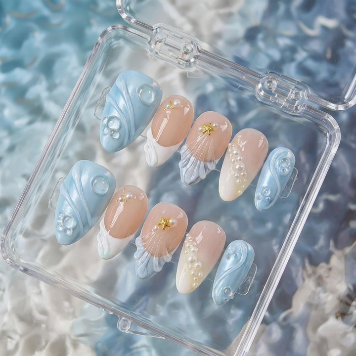 Blue Pearl Seashell Press-On Nails