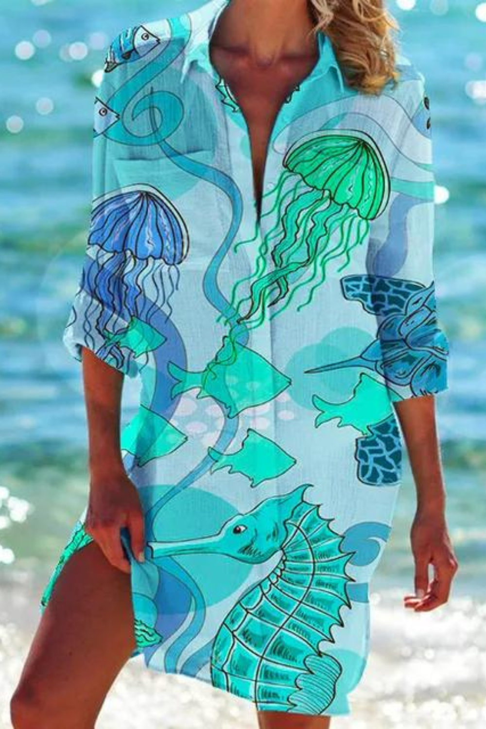 Paloma Ocean Print Beach Shirt Cover-Up
