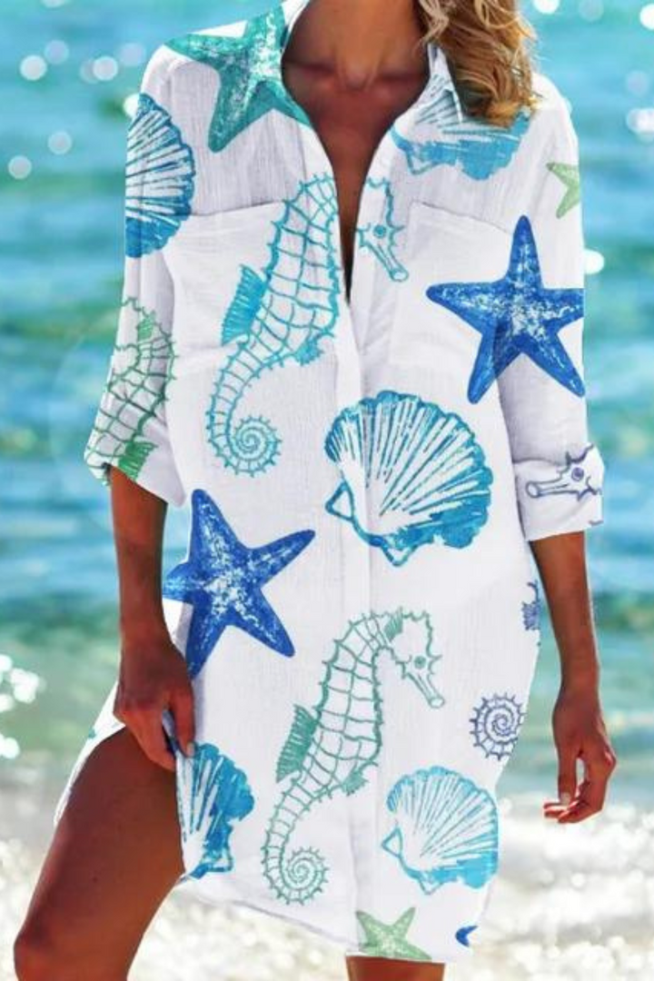 Paloma Ocean Print Beach Shirt Cover-Up