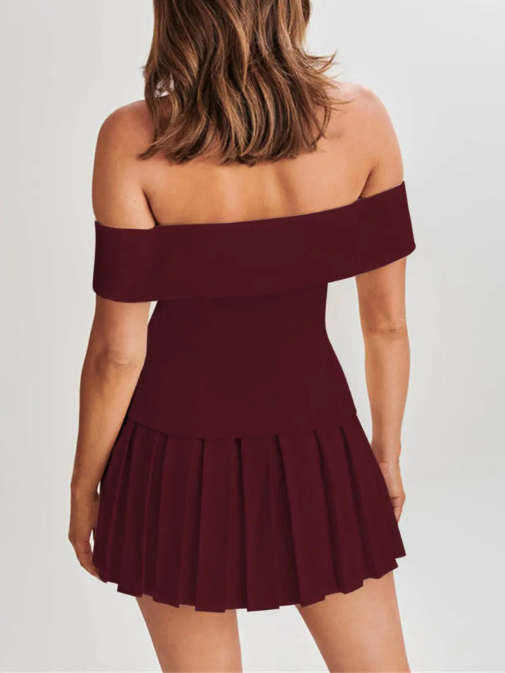 Vega Off Shoulder Blazer & Pleated Skirt Set