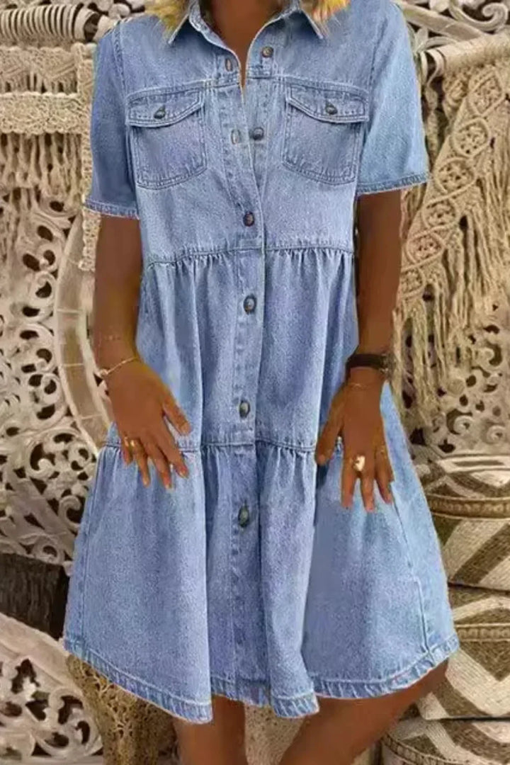Xenia Tiered Denim Shirt Dress