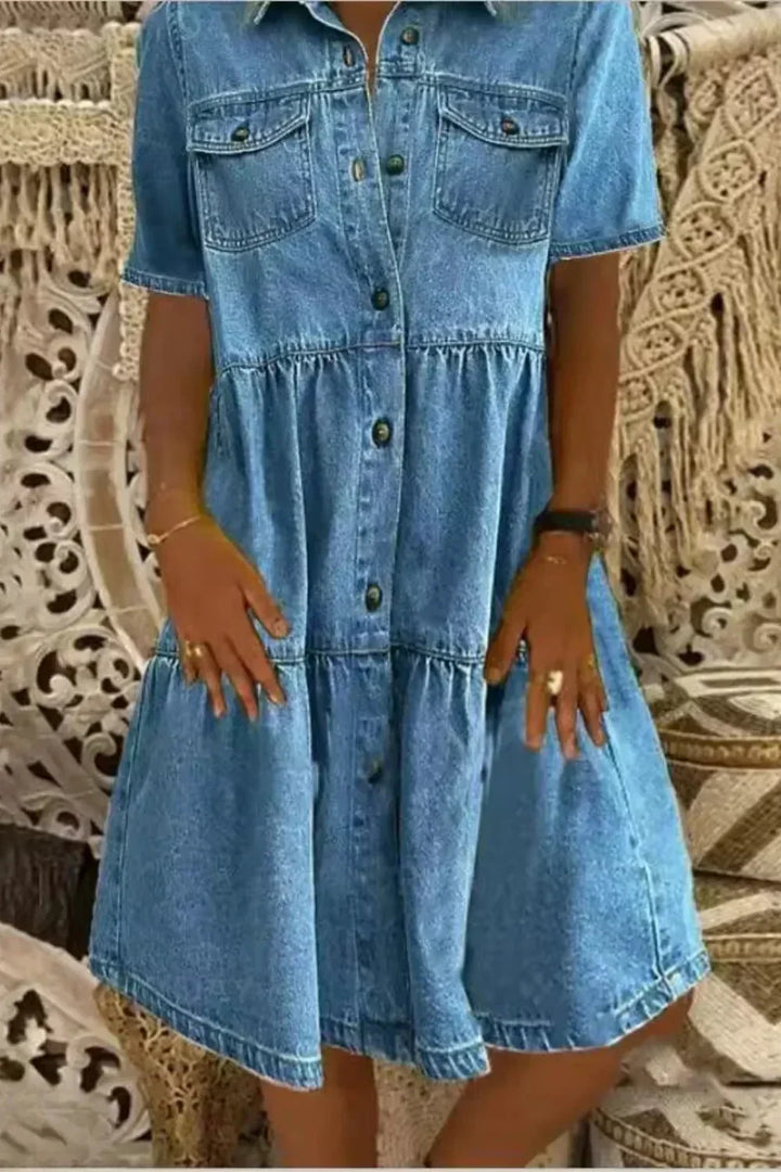 Xenia Tiered Denim Shirt Dress