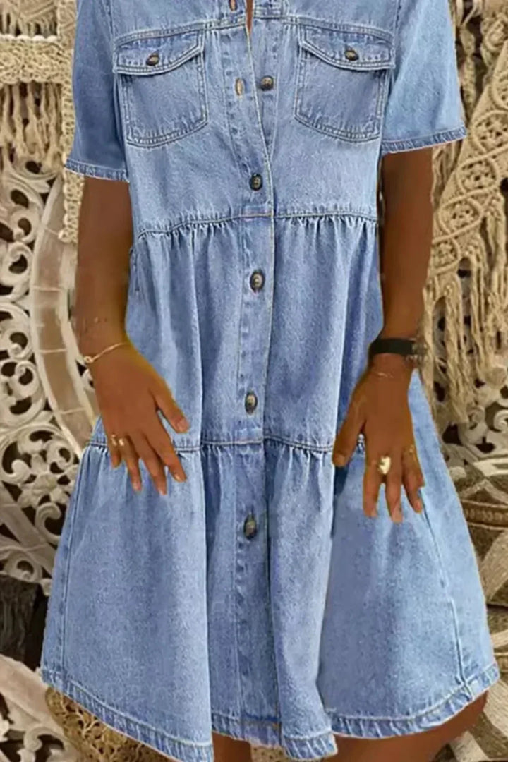 Xenia Tiered Denim Shirt Dress