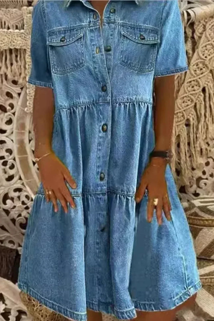 Xenia Tiered Denim Shirt Dress