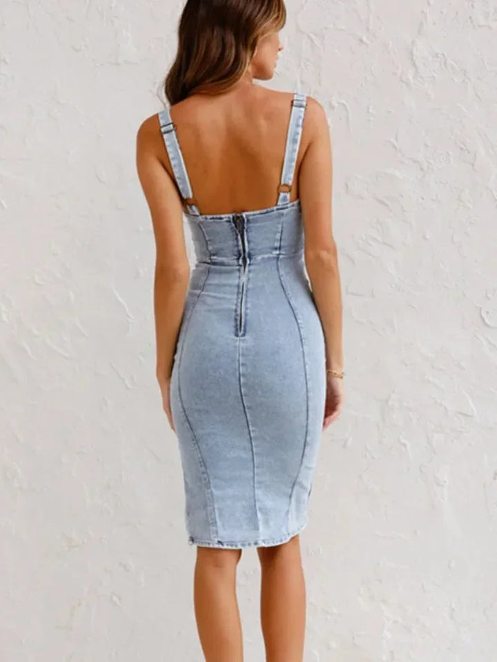 Anita Zip Front Denim Midi Dress