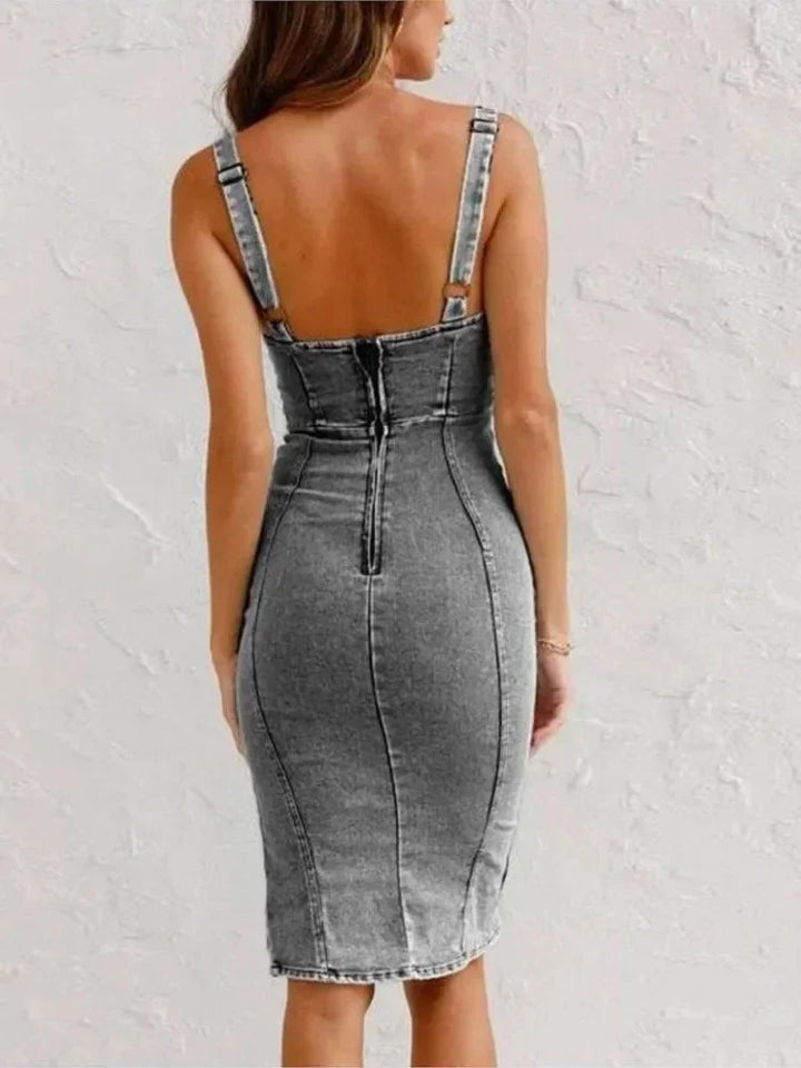 Anita Zip Front Denim Midi Dress