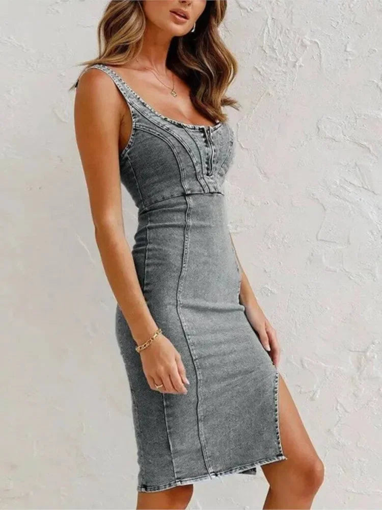 Anita Zip Front Denim Midi Dress