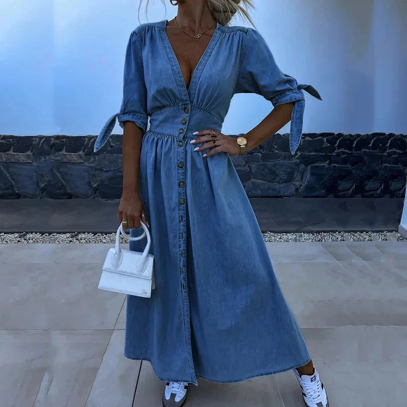 Teddy Button Front Denim Maxi Dress