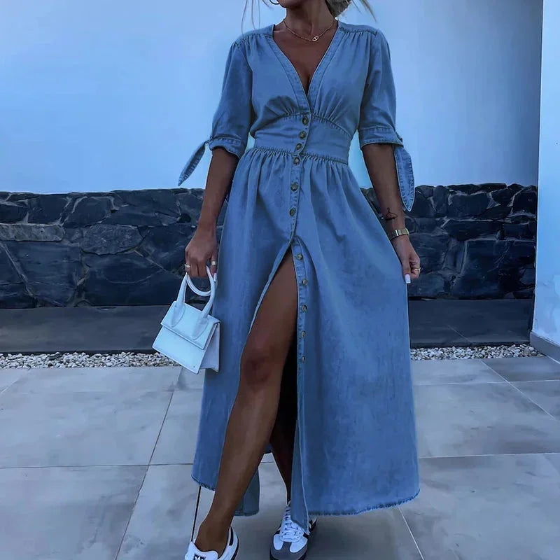 Teddy Button Front Denim Maxi Dress