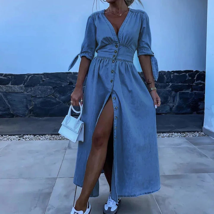 Teddy Button Front Denim Maxi Dress