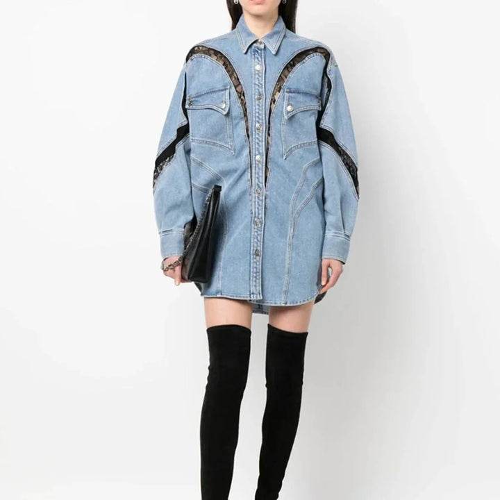 Marcelina Lace Panel Denim Shirt Dress
