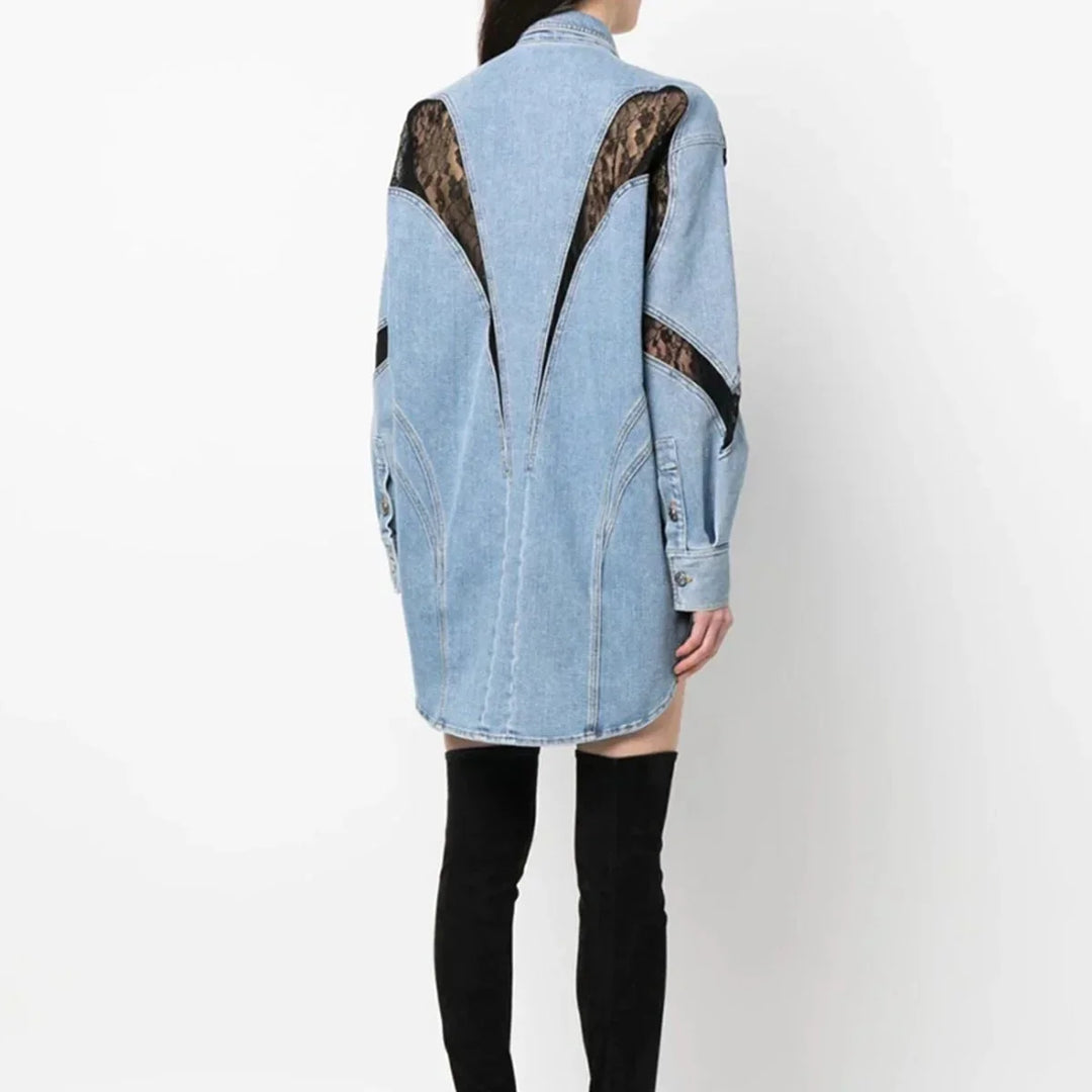 Marcelina Lace Panel Denim Shirt Dress