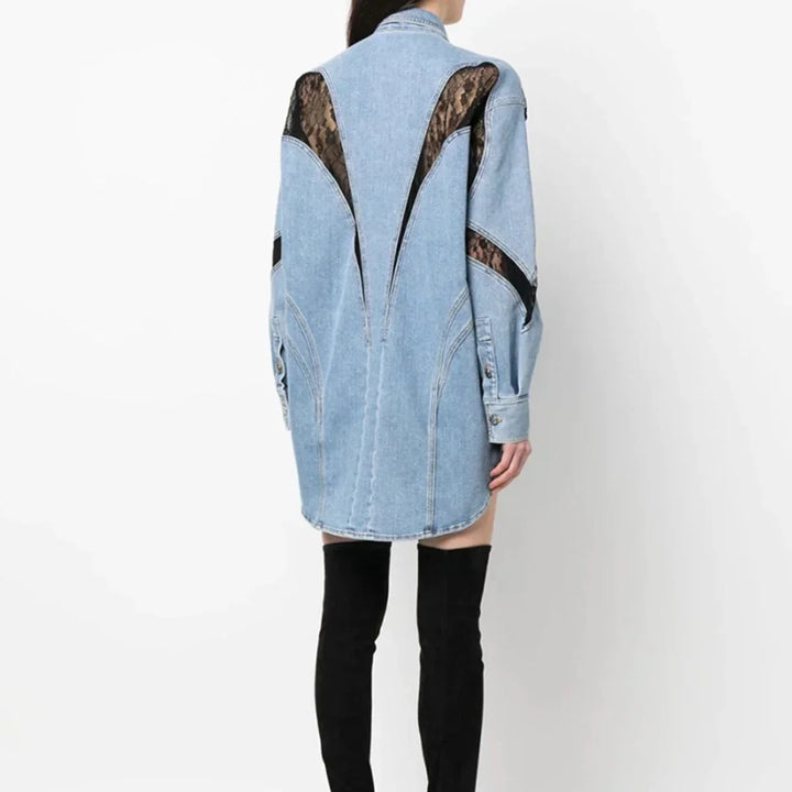 Marcelina Lace Panel Denim Shirt Dress