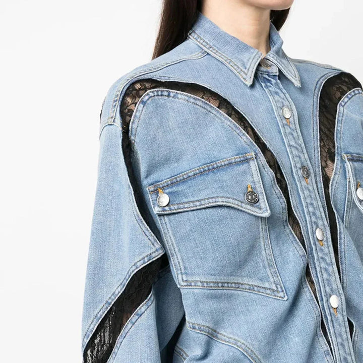 Marcelina Lace Panel Denim Shirt Dress
