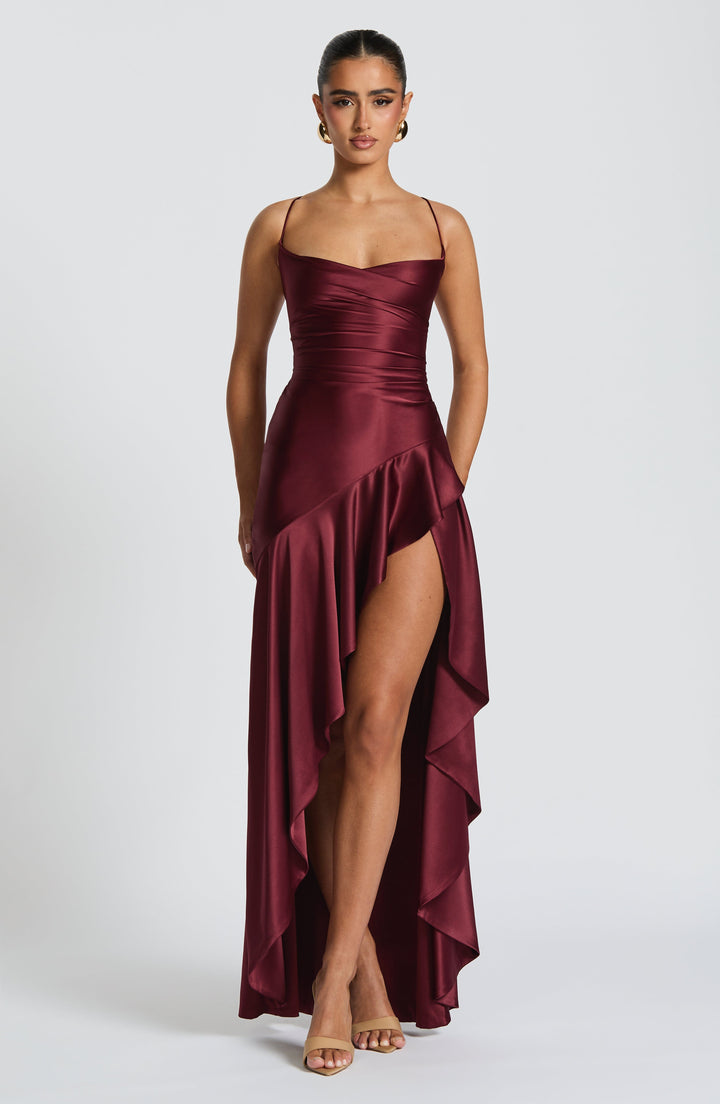 Leni Draped High Slit Satin Maxi Dress