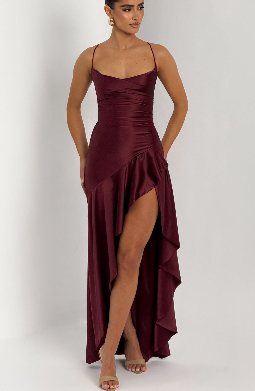Leni Draped High Slit Satin Maxi Dress
