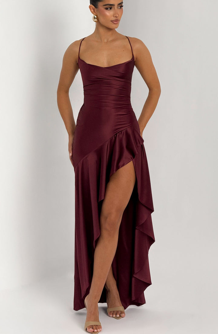 Leni Draped High Slit Satin Maxi Dress