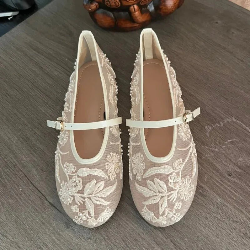Sarah Lace Embroidered Mary Jane Flats