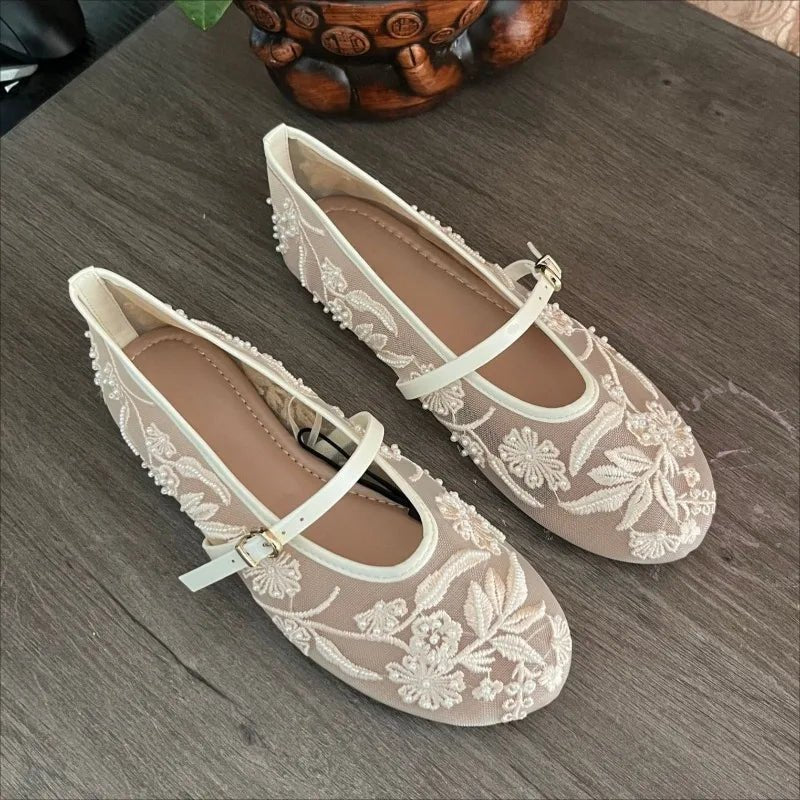Sarah Lace Embroidered Mary Jane Flats