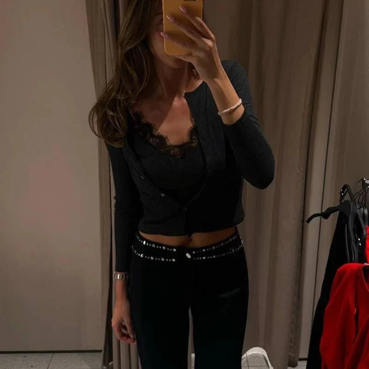 Analie Paneled Lace Trim Long Sleeve Top