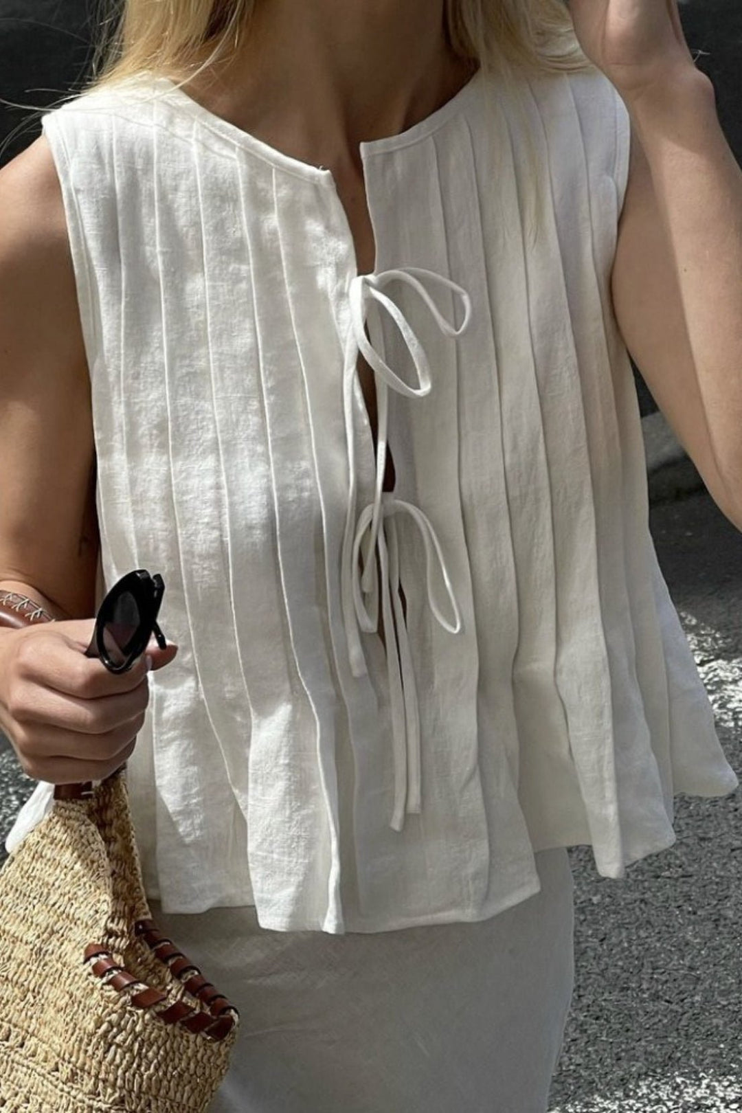 Penny Tie Front Pleated Linen Tank Top