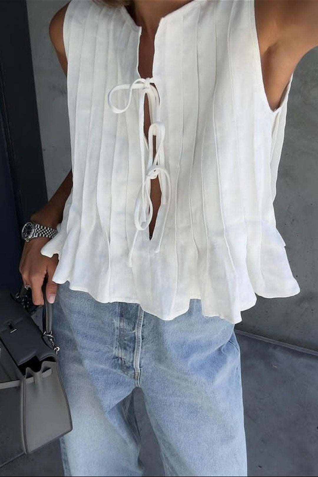 Penny Tie Front Pleated Linen Tank Top