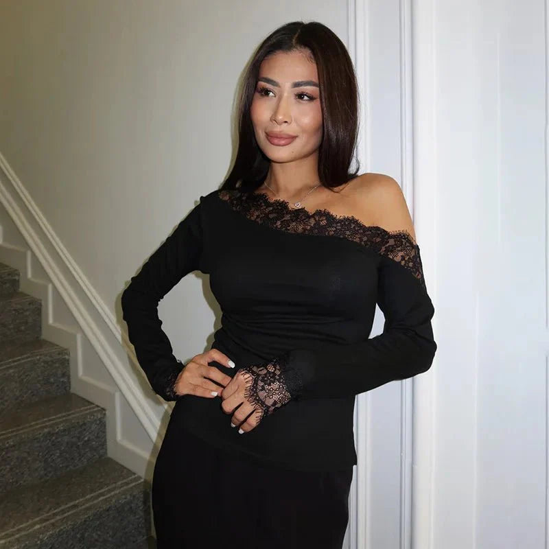 Lizel Slant Shoulder Lace Long Sleeve Top