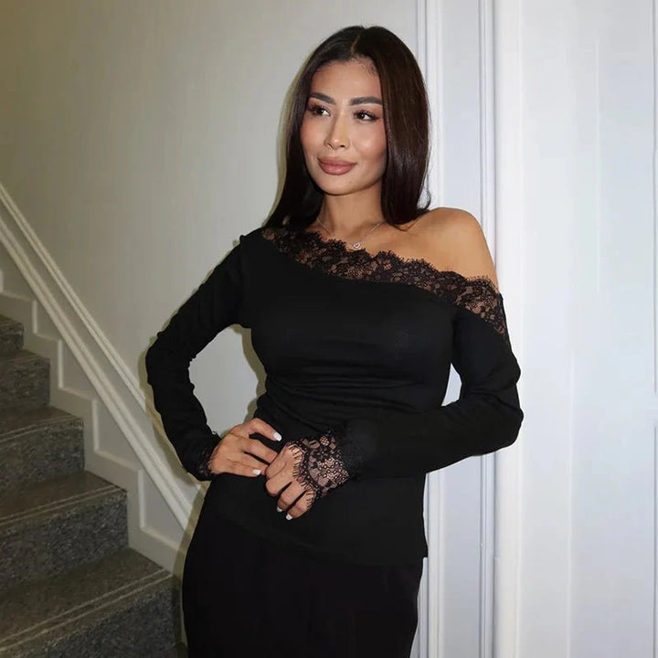 Lizel Slant Shoulder Lace Long Sleeve Top