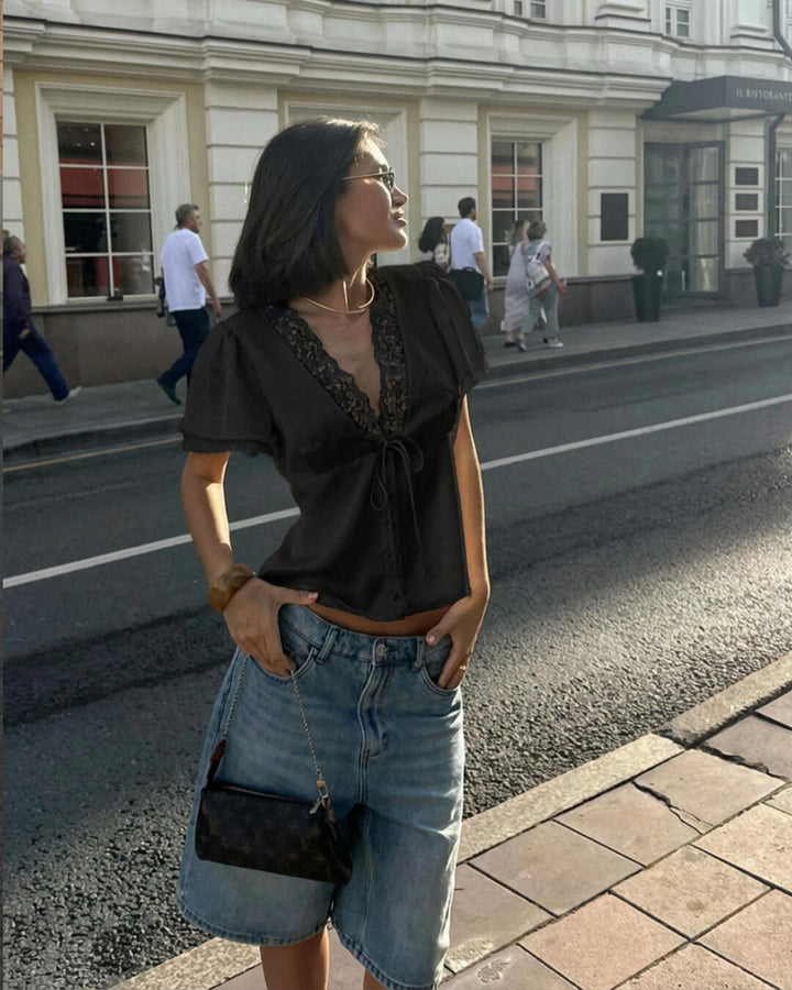 Rosette Lace V-Neck Short Sleeve Top