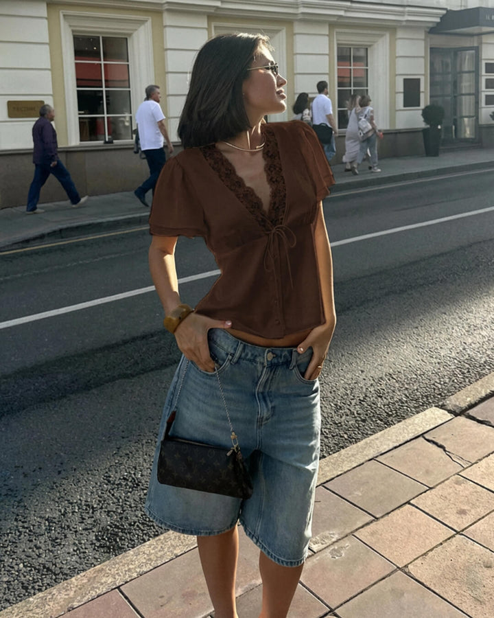 Rosette Lace V-Neck Short Sleeve Top