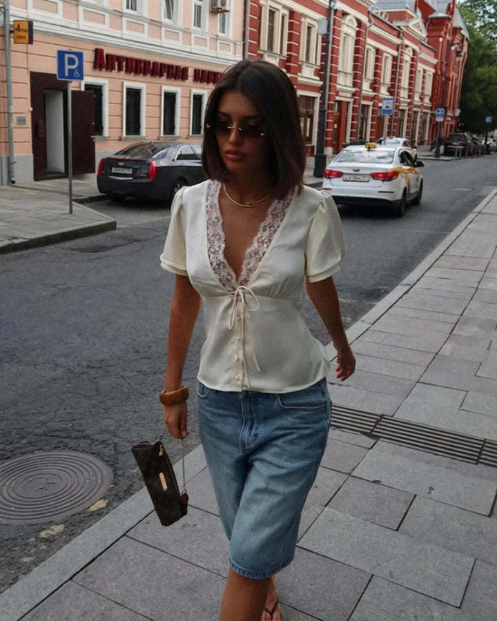Rosette Lace V-Neck Short Sleeve Top