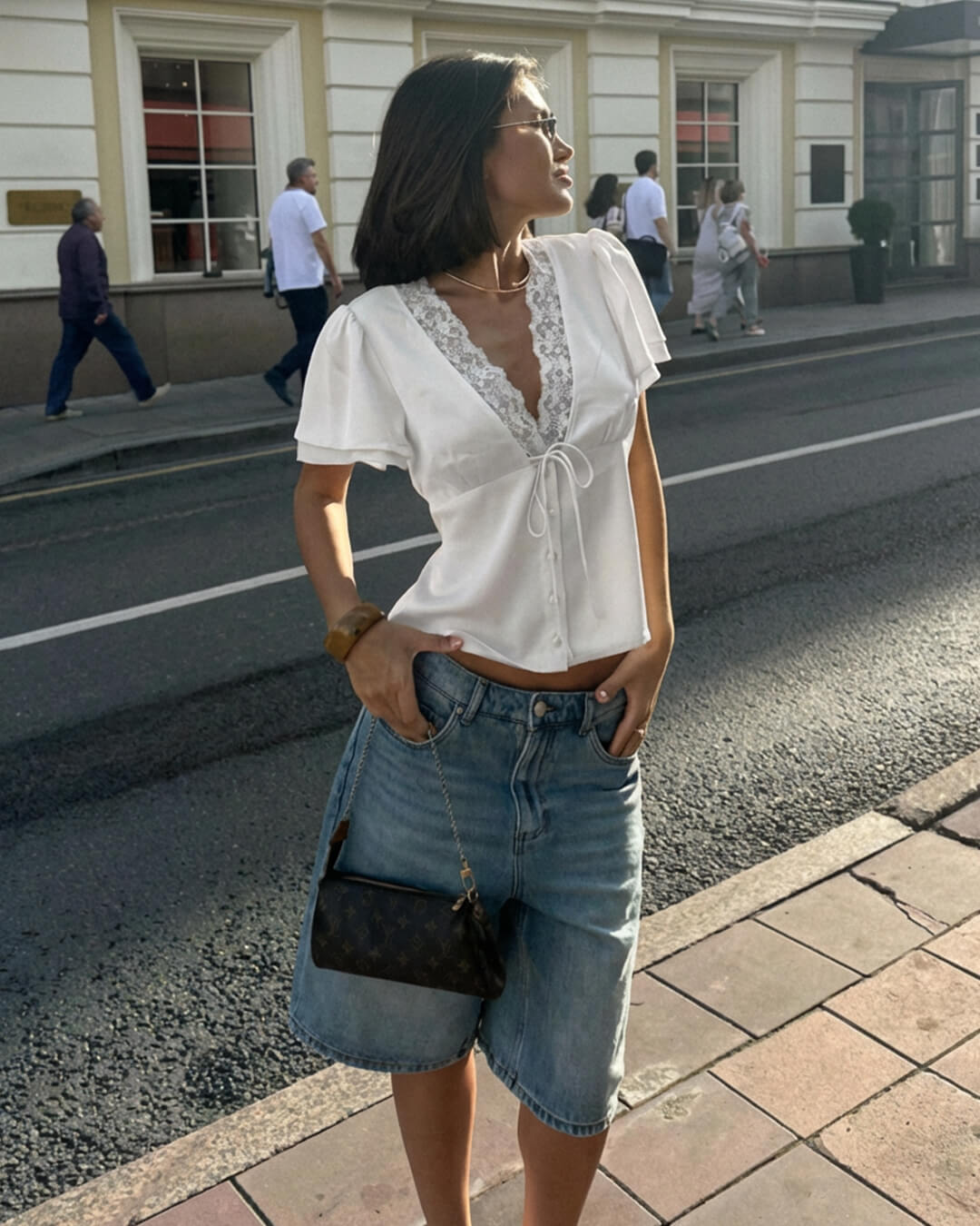 Rosette Lace V-Neck Short Sleeve Top