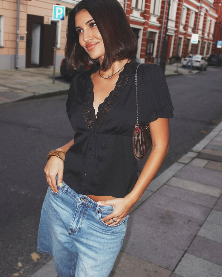 Rosette Lace V-Neck Short Sleeve Top