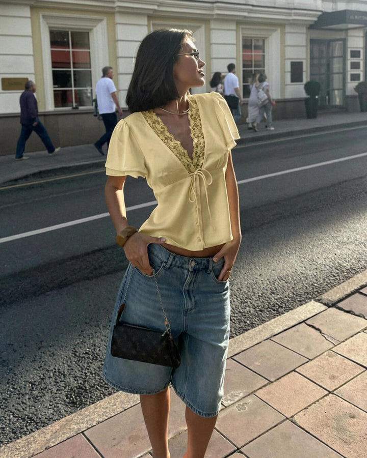 Rosette Lace V-Neck Short Sleeve Top