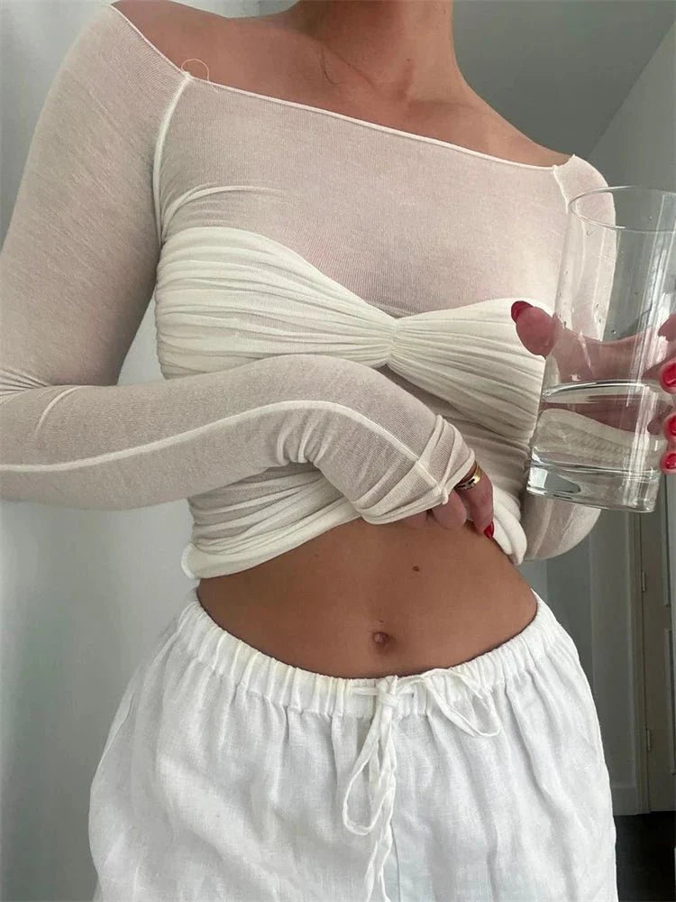 Sara Sheer Mesh Off-Shoulder Top