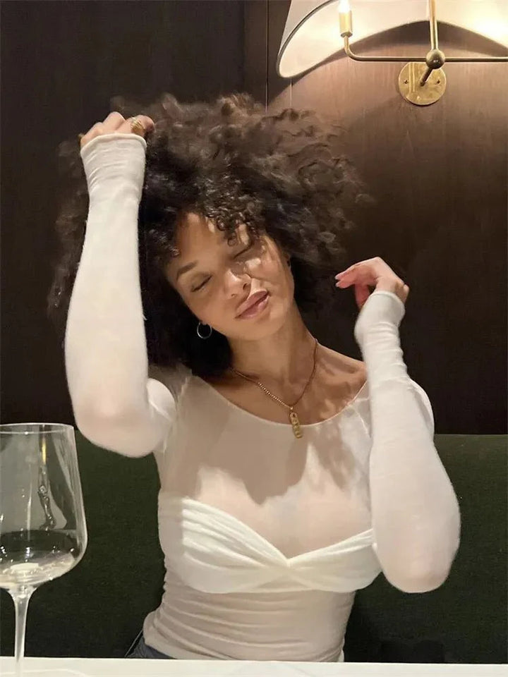 Sara Sheer Mesh Off-Shoulder Top