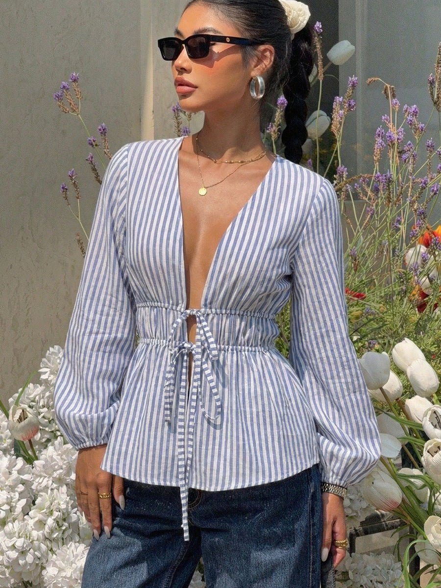 Rosalie Pinstripe Tie Front Blouse
