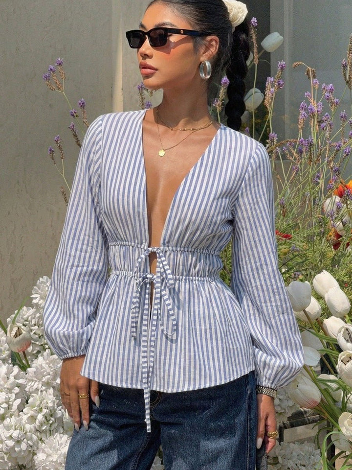 Rosalie Pinstripe Tie Front Blouse
