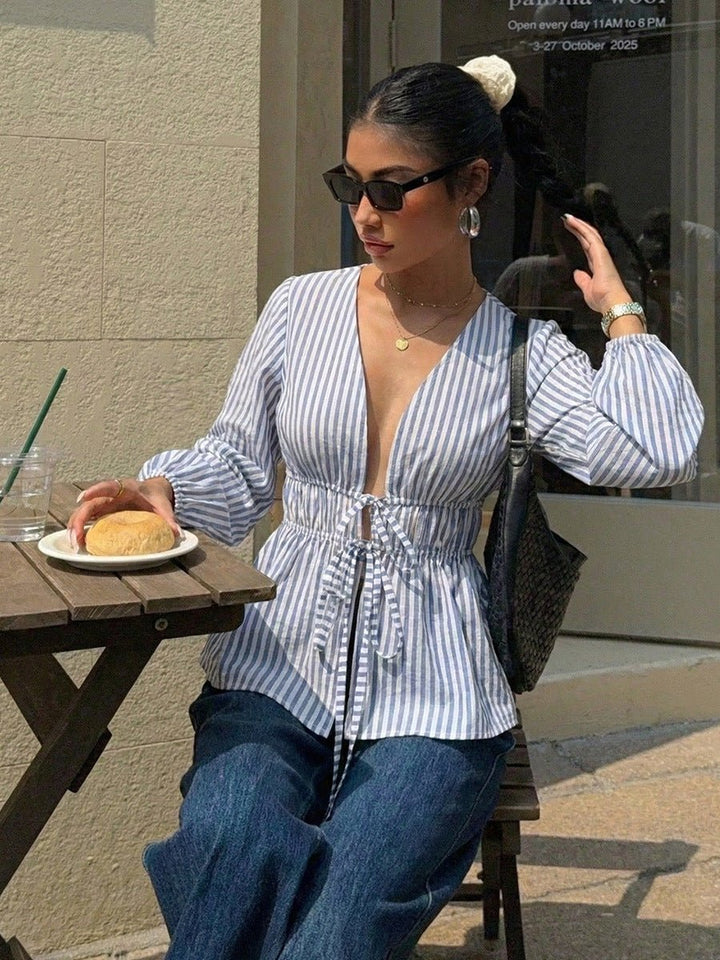 Rosalie Pinstripe Tie Front Blouse