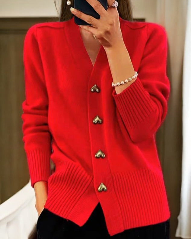 Zinnia Heart Button V-Neck Cardigan
