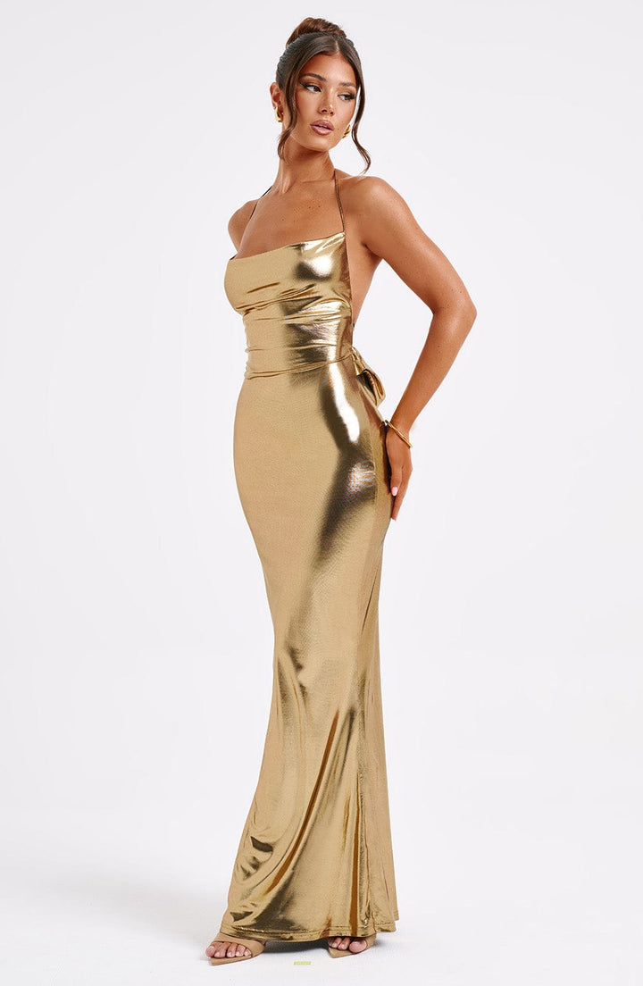 Riya Metallic Open Back Maxi Dress