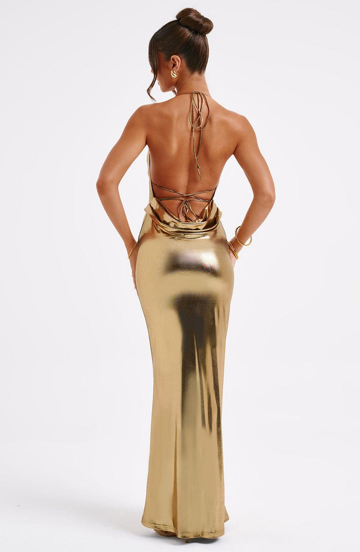 Riya Metallic Open Back Maxi Dress