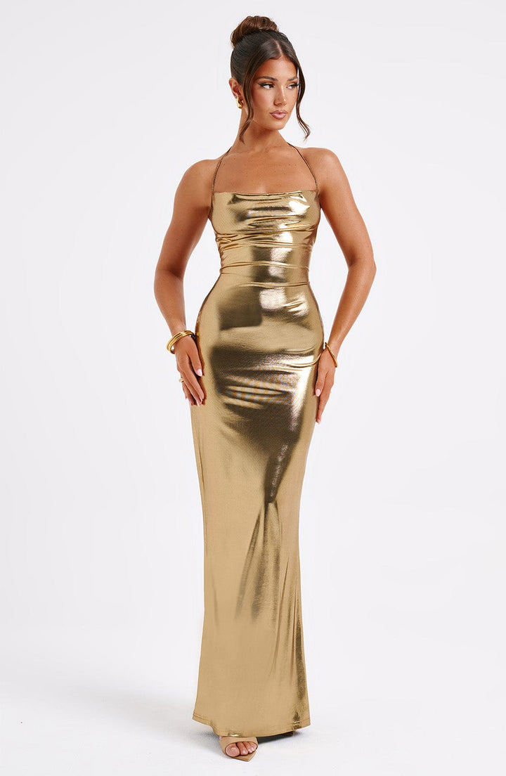 Riya Metallic Open Back Maxi Dress