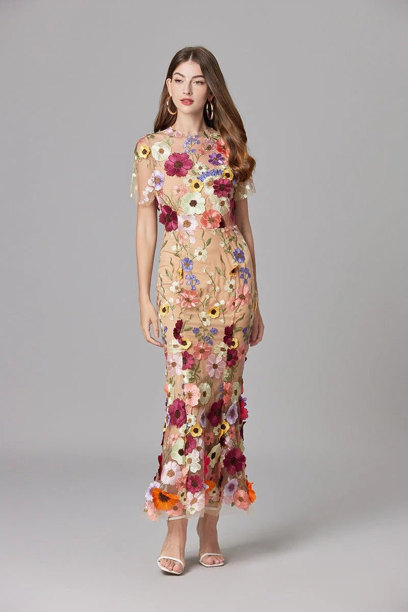 Lilia Floral Appliqué Midi Dress