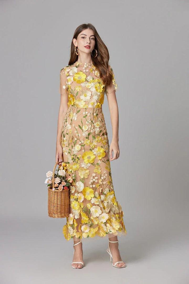 Lilia Floral Appliqué Midi Dress